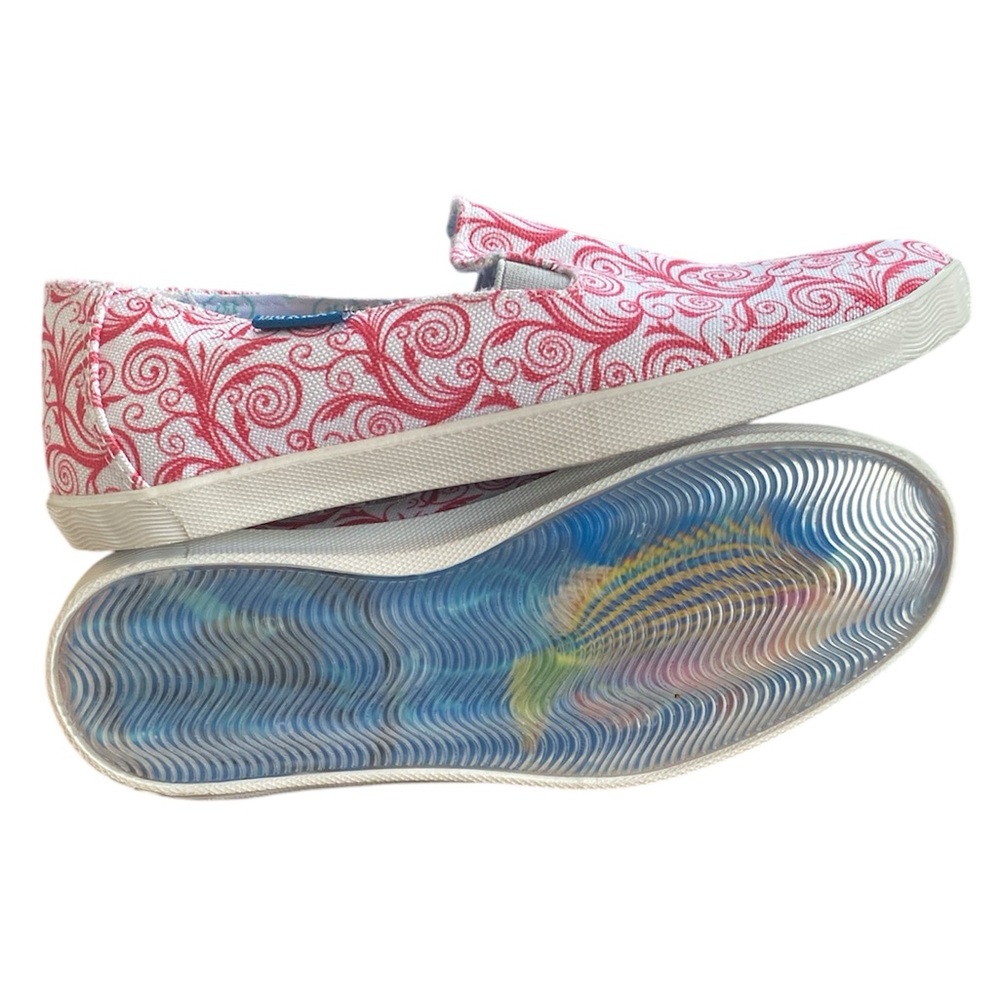 Blu Kicks Play Hookie Slip On Red & White Shoes, Fish On Soles, Women’s 6.5